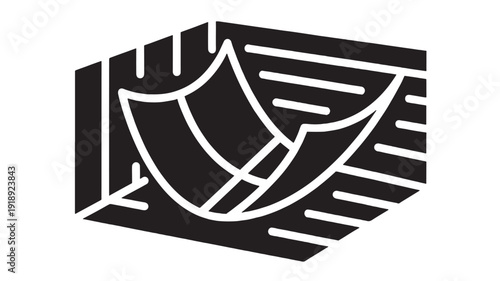 Shield icon with curved protective emblem and speed lines in bold black silhouette, cybersecurity defense concept for secure data, privacy, antivirus, and protection apps