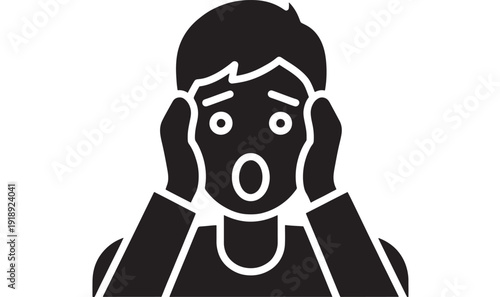 Person shocked face icon with hands on cheeks, surprised expression pictogram in black silhouette style, anxiety panic fear reaction symbol isolated on white