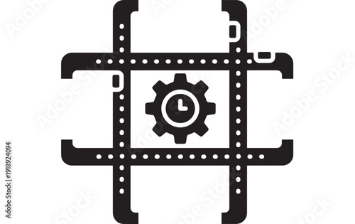 Film editing icon with cropped frame brackets, perforated strip border, gear and clock symbol for video post production workflow, timeline automation and media settings