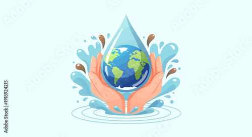 Flat vector illustration of caring hands holding a water droplet containing planet earth. Concept of water conservation, sustainability, global responsibility