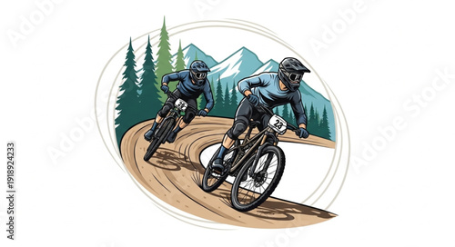 Mountain Bikers Riding Downhill Trail.