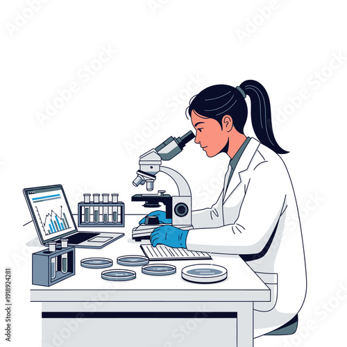 Scientist working with microscope and laptop in laboratory, research and development concept