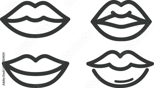 Simple black and white line art icons of lips