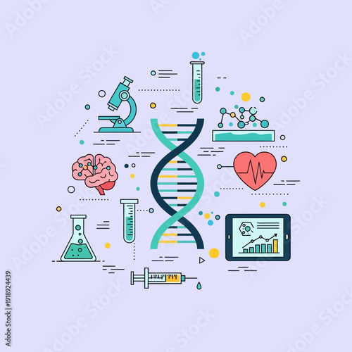 Science and Medicine Research Concept with DNA, Lab Equipment, and Data
