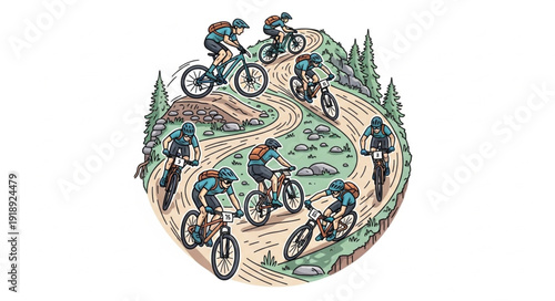 Mountain Bikers Riding Downhill Trail.