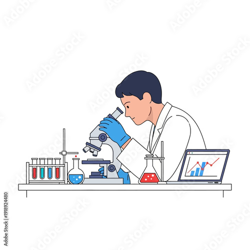 Scientist examines sample under microscope, laboratory research, scientific discovery, data analysis