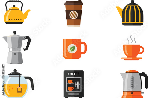 Coffee and tea preparation flat vector icon set with kettle, coffee cup, moka pot and hot beverage equipment
