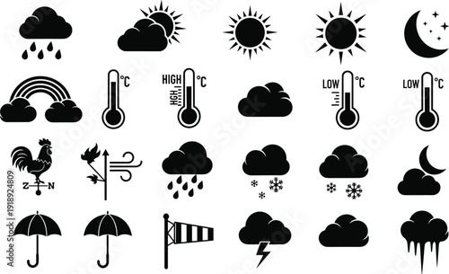 Weather forecast black silhouette icon set with sun, clouds, rain, snow, temperature and climate symbols vector collection