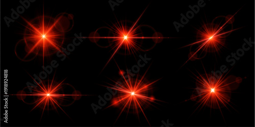 Intense red starburst with sharp beams radiates vivid energy. Transparent glow and sparkling particles enrich design.