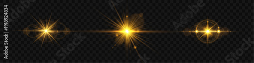 Realistic golden glare with radiant rays spreads warm shine across dark background. Bright lens flare and soft bokeh enhance depth.