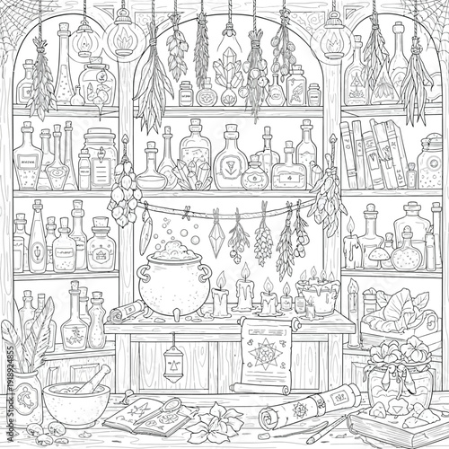 Apothecary shop interior with herbal medicine and bubbling cauldron in fantasy line vector