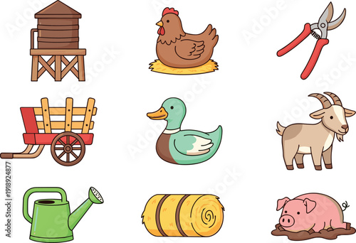 Farm life cartoon vector icon set with chicken, goat, duck, hay bale, tools and rural agriculture elements