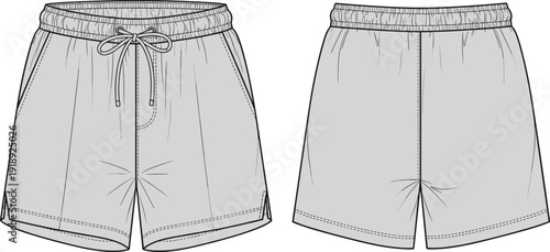 Gray shorts with elastic waistband and drawstring front and back view fashion clothing