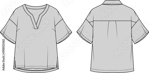 Gray short sleeved shirt with V-neck front and back view gray shirt clothing fashion