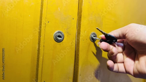 Hand inserting key into a wooden cupboard lock and turning it to unlock the furniture door in close up view