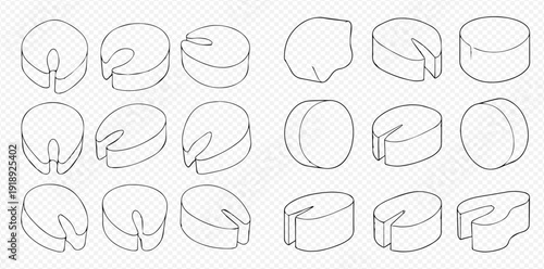 Set of isometric line art icons depicting various shapes with a cut-out section, on a transparent background.