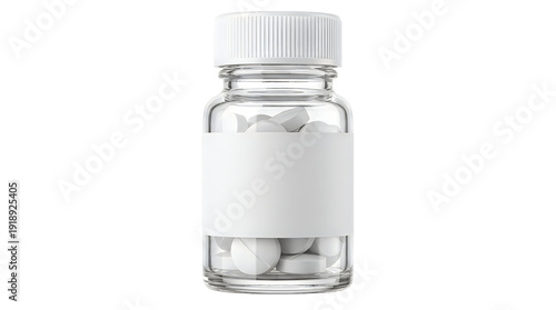 A clear glass bottle with a white cap and label containing white pills on transparent background
