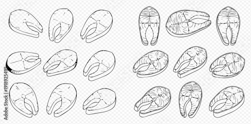 Set of hand-drawn salmon steaks in various perspectives, perfect for culinary designs and seafood menus.