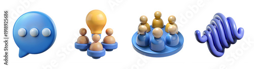Business and communication 3D icon collection. Includes chat bubble, idea generation, team collaboration, and abstract swirl symbols. Created in a glossy