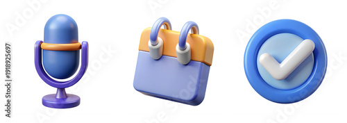 3D render business and communication icon collection. Includes microphone, calendar, and checkmark symbols. Created in a glossy 3D style with blue, purple, and orange palette