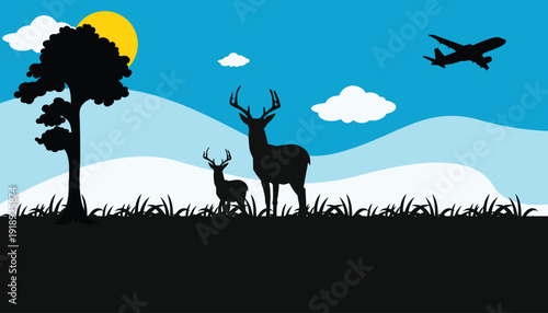 Vector image of a landscape with deer in a vast expanse