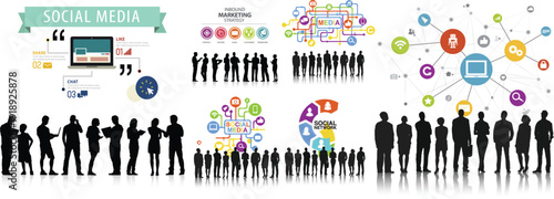 Comprehensive Social Media Marketing Infographic Set with People Silhouettes and Digital Strategy Icons