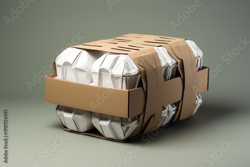 Wallpaper Mural Cardboard and paper packaging holding multiple takeaway food containers on a plain background Torontodigital.ca