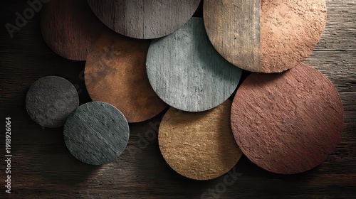 Abstract Circles Overlapping with Varied Metal Textures on Dark Background