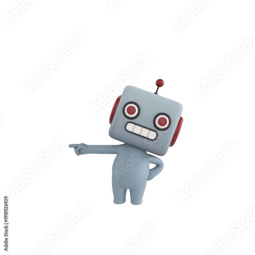 Cute 3D render Robot character pointing to the side with one hand while the other rests on the hip, confident and instructive pose, isolated on white background.
