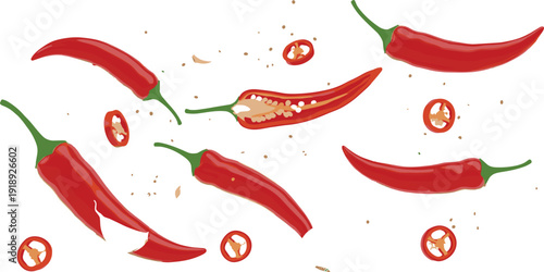 Red hot chili pepper seamless pattern with sliced spicy capsicum hand drawn vector food background illustration