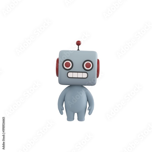 Cute 3D render Robotcharacter standing straight, front view, isolated on white background.