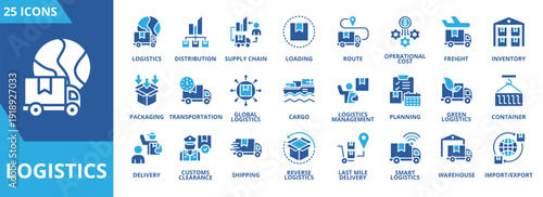 Logistics icon collection set. Containing distribution, supply chain, loading, route, operational cost, freight, inventory, packaging icon. Simple flat vector