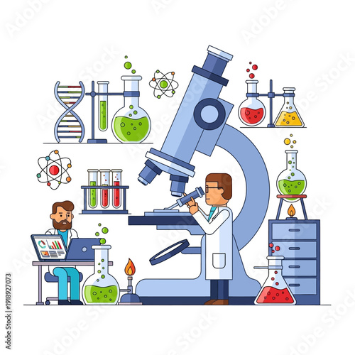 Scientists in laboratory with microscope, DNA, and test tubes conducting research