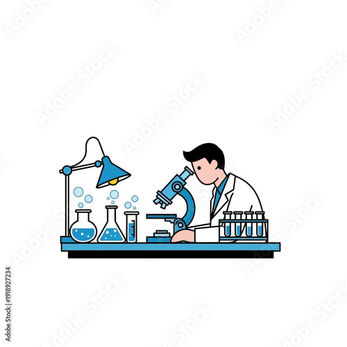 Scientist working with microscope in laboratory, conducting research with test tubes and beakers