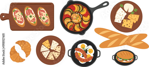 Hand drawn assorted breakfast and brunch food collection with croissant baguette eggs sausages cheese and sandwich vector set