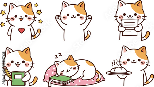 Cute cartoon cat vector set with kawaii kitten emotions reading sleeping and mask isolated illustration