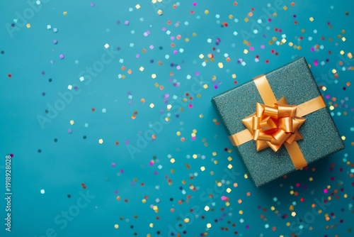 Wallpaper Mural Teal gift box with a gold bow surrounded by colorful confetti, symbolizing celebration and festivity Torontodigital.ca