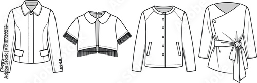 Line of four women's jackets women's clothing fashion line coats outerwear fashion clothing apparel