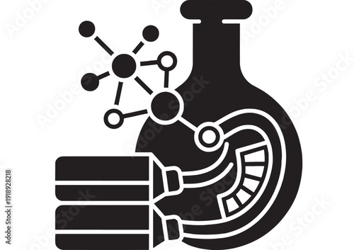 Flask laboratory with molecular structure and pipes, black icon on white background, simple design featuring science, chemistry, experiment with test tube and chemical reaction elements for