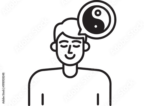 Person icon with yin yang speech bubble, minimal black line symbol for mindfulness, balance, meditation, harmony concept, isolated on white background
