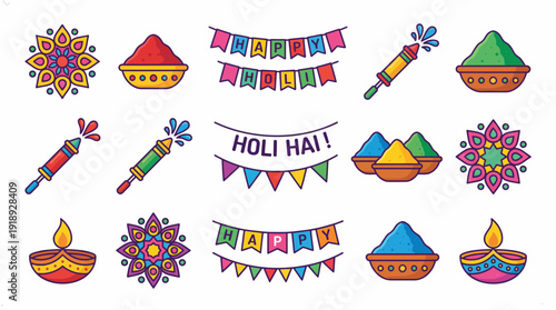 Holi Celebration Icons Vector Set | Colorful Rangoli, Pichkari, Powder Bowls, Diyas, Garlands, Festive Banners | Vibrant Hindu Festival of Colors Vector Graphics