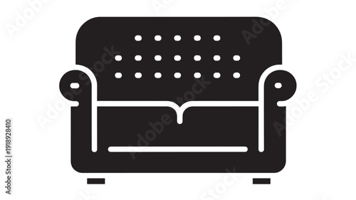 Sofa couch icon with upholstered seating, rounded arms and tufted backrest, minimalist black silhouette pictogram isolated on white for interior design apps