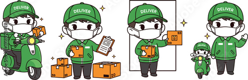Cute delivery courier character vector set with scooter parcels clipboard and mascot poses isolated illustration
