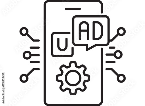 Smartphone app advertising icon with AD speech bubble and gear settings, line outline symbol for mobile marketing, UI optimization, digital promotion and analytics on white