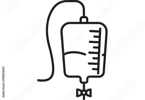 IV drip bag line icon with hanging tube, medical infusion container and flow regulator, minimal outline symbol for hospital therapy, intravenous fluid treatment and healthcare