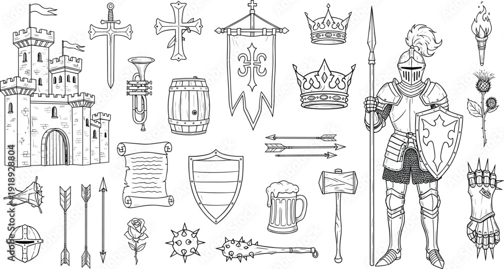 Obraz premium Medieval knight and castle icon set with swords shields crowns and heraldic elements vintage vector illustration