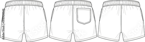 Line of three views of white athletic shorts white shorts line clothing fashion shorts with pocket elastic waistband