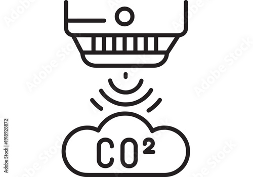 Sensor CO2 monitoring icon with wireless signal waves and cloud symbol, minimal line style for air quality measurement, carbon dioxide detection and smart home control