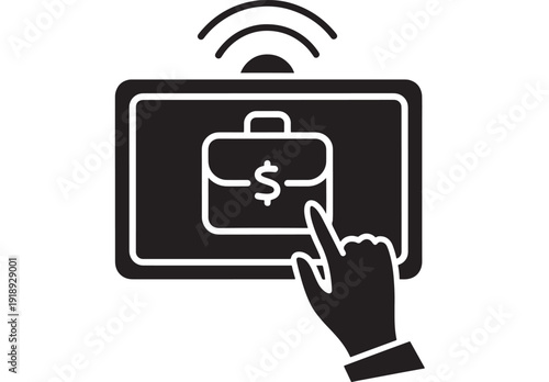 Tablet payment icon with hand tapping screen, briefcase dollar symbol and wireless signal, cashless business transaction concept, black silhouette vector