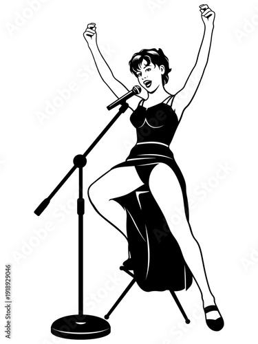 Naughty Jazz Singer Woman. Microphone with stand is the separate object. Black and white vector clipart in pin up, pop art style.
